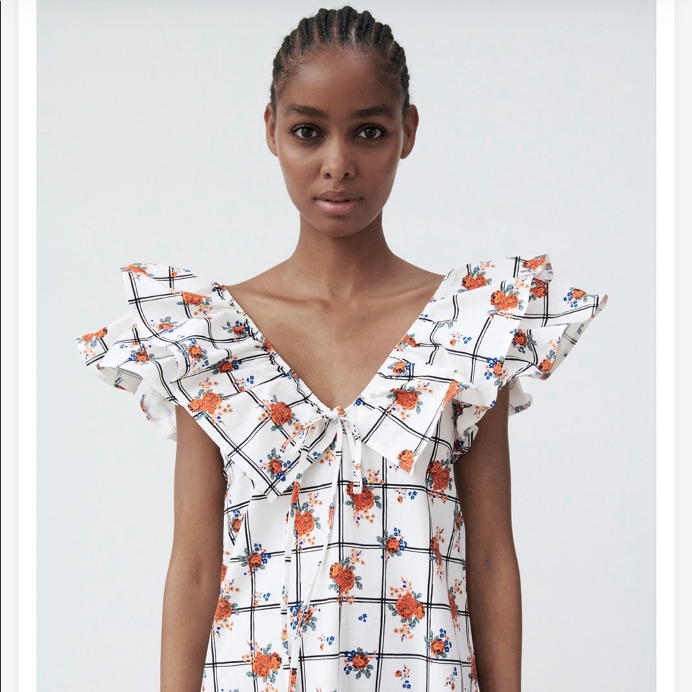 Zara White Black Floral Lattice Ruffle Sleeve Dress - NEW - S 4770451064 - Picture 6 of 8